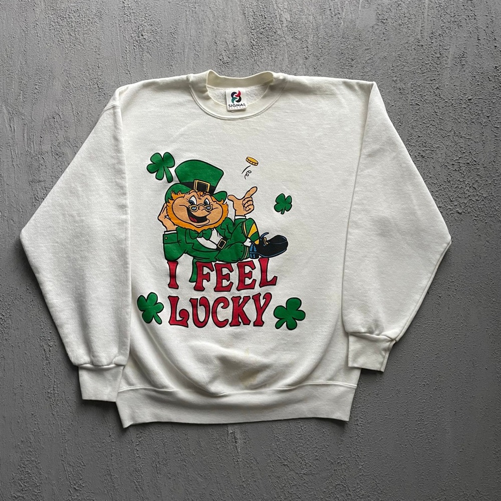 Vintage Leprechaun St Patricks Day Sweatshirt Men Large White 90s Signal Artwear
